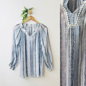 Keren Hart Blue Striped Embroidered Boho Peasant Blouse